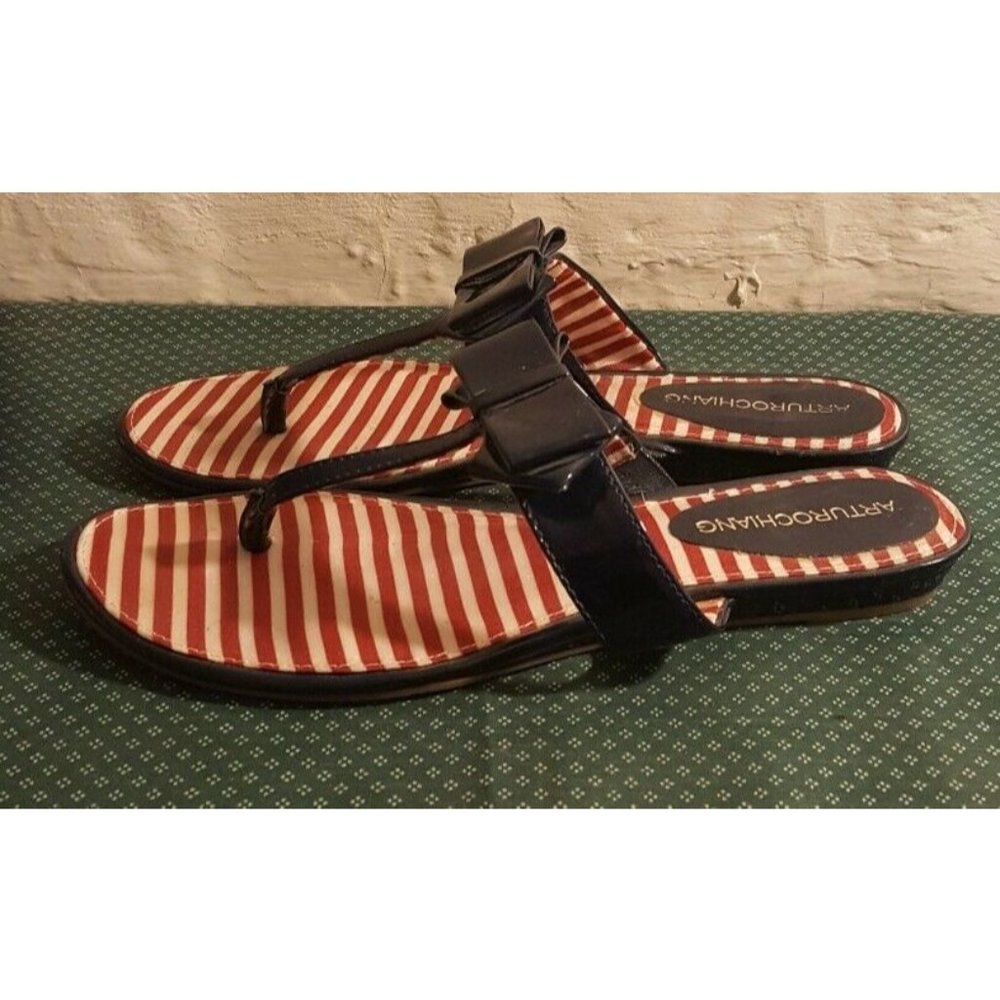 ARTURO CHIANG Red White & Blue Navy Sandals Flip Flops Flats Bows 38.5 EU 8.5 US